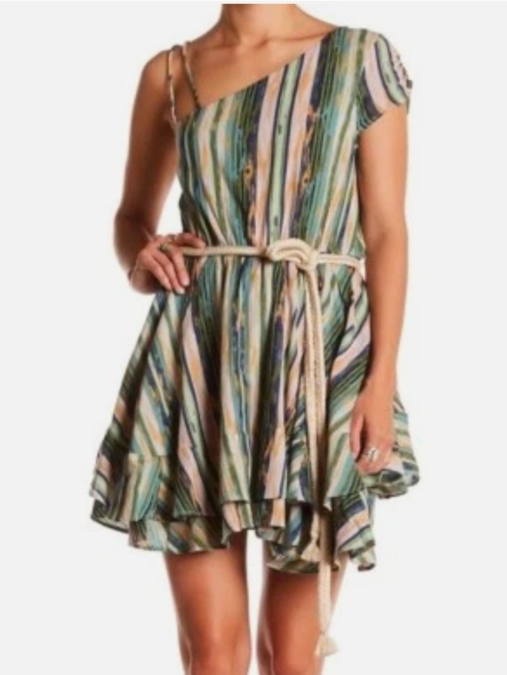 Free People One Shoulder Mini Dress Small Boho Striped Rope Belt Ruffle Hem